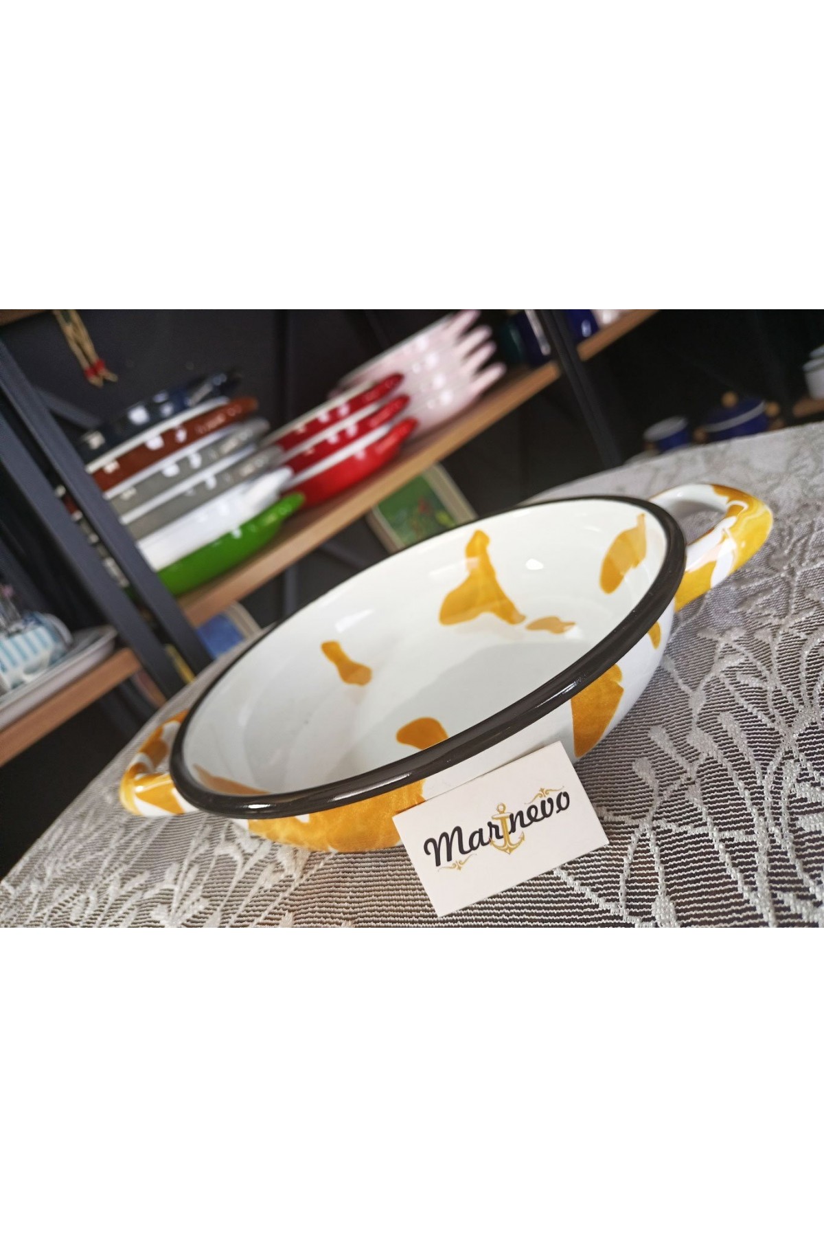 Emaye Sahan 20cm Ebru Desen Sarı - Marinevo Emaye Sahanlar
